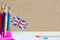 Learning speaking and teaching english with british flag abstract background concept