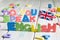 Learning speaking and teaching english with british flag abstract background concept