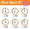 Learning time on the clock. Educational activity worksheet for kids and toddlers. Game for children. Simple flat isolated vector