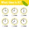 Learning time on the clock. Educational activity worksheet for kids and toddlers. Game for children. Simple flat isolated vector