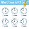 Learning time on the clock. Educational activity worksheet for kids and toddlers. Glass juice. Game for children. Simple flat