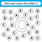 Learning worksheets for kids, find and color letters. Educational game to recognize the shape of the alphabet. Letter C