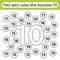 Learning worksheets for kids, find and color numbers. Educational game to recognize the shape of the number 10