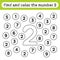 Learning worksheets for kids, find and color numbers. Educational game to recognize the shape of the number 2