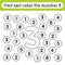 Learning worksheets for kids, find and color numbers. Educational game to recognize the shape of the number 3