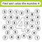 Learning worksheets for kids, find and color numbers. Educational game to recognize the shape of the number 4