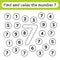 Learning worksheets for kids, find and color numbers. Educational game to recognize the shape of the number 7