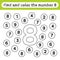 Learning worksheets for kids, find and color numbers. Educational game to recognize the shape of the number 8