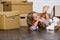 Lease a lifestyle makeover. happy child cardboard box. Moving concept. new apartment. purchase of new habitation