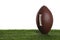 Leather American football ball on lawn against white