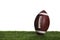 Leather American football ball on lawn against white