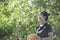 Leather basketball in hand of a woman wearing a watch Background blur tree in Bang Yai park , Nonthaburi , Thailand.May 24, 2019