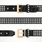 Leather black belt with rivets buttoned, unbuttoned and seamless middle part