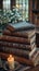 Leather-Bound Books and Soft Candlelight Historical novels layered and binding-blurred