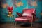 leather chair with brass legs against a vibrant wallpaper