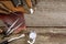 Leather craft tools on old wood table. Leather craft workshop