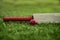 Leather Cricket ball resting on a cricket bat placed on green grass cricket ground pitch