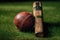 leather Cricket ball resting on a cricket bat placed on green grass cricket ground pitchleather. Generative AI