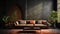 A Leather Dark Grey Sofa with a Dark Gray Empty Wall Behind Persian Rug on Floor Lux Side Table Living Room Background