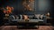 A Leather Dark Grey Sofa with a Dark Gray Empty Wall Behind Persian Rug on Floor Lux Side Table Living Room Background