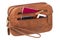 Leather handbag isolated. Close-up of brown businessman luxury leather wrist handbag. Clipping Path. Fashionable brown leather