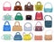 Leather handbags. Woman colorful luxury modern hand bag with handle, beautiful clutch and accessory vector set