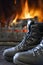 Leather hiking boots drying by the fireplace