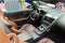 Leather interior of a convertible Jaguar sports car