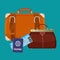 Leather luggage case, carryon bag near travelling tickets and passports