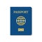 Leather passport cover with chip. Blue cover of passport citizen. Template of biometric international document. Golden globe. Icon