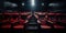 Leather Red Cinema Seats in Rows with Projector. Front View of Modern Red Movie Chairs. Front View. Generative AI