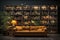 Leather sofa with cushions standing on living room with stylish interior design and collections books on bookshelves in library.