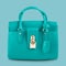 Leather turquoise women bag, on a turquoise background, long handle, concept