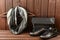 Leather upper metallic womens shoes, scarf and black leather bag