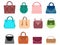 Leather woman handbags. Luxury lady purse. Color girls casual clutch. Vintage handle bags set. Isolated female