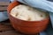 Leavened dough in ceramic bowl