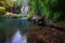 Leaves in an emerald lake with stunning waterfalls in deep green forest in Kursunlu Natural Park, Antalya