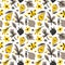 Leaves, flowers, berrys, fruits flat hand drawn seamless pattern. Doodle and cartoon texture.