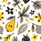 Leaves, flowers, berrys, fruits flat hand drawn seamless pattern. Doodle and cartoon texture.