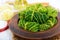 Leaves of Savoy cabbage stuffed with minced meat and rice in a clay bowl