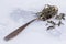 Leaves of white tea in a spoon on a white background. Tea in an antique spoon.