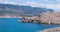 Leaving island Pag by ferry, rocky landscape