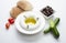 Lebanese food of Labneh Yogurt cheese with Olives and veggies