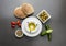 Lebanese food of Labneh Yogurt cheese with Olives and veggies