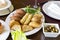 Lebanese Plate of Kebbeh, cheese rolls, and meat pie