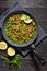 Lebanese warm lentil and peas salad with bacon