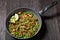 Lebanese warm lentil and peas salad with bacon