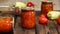 Lecho. Lecs. Tinned tomatoes with peppers. Preservation on the table. Tomatoes and peppers