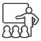 Lecturer blackboard with students line icon. Lecture or training lesson symbol, outline style pictogram on white