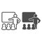 Lecturer blackboard with students line and solid icon. Lecture or training lesson symbol, outline style pictogram on